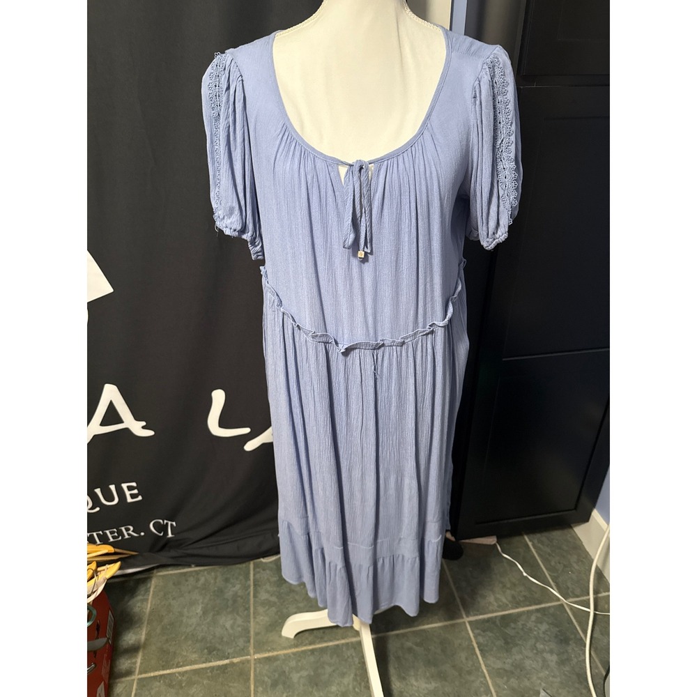Adrienne Vittadini Blue Crinkle Gauze Midi Dress Lace Puff Sleeve Boho Womens M